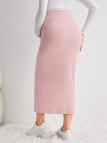 SHEIN 孕婦可調節腰圍羅紋針織鉛筆裙 - 粉色 - 查看 2