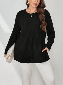 SHEIN Essnce 大碼下擺開叉條紋針織T恤 - 黑色 - 查看 5