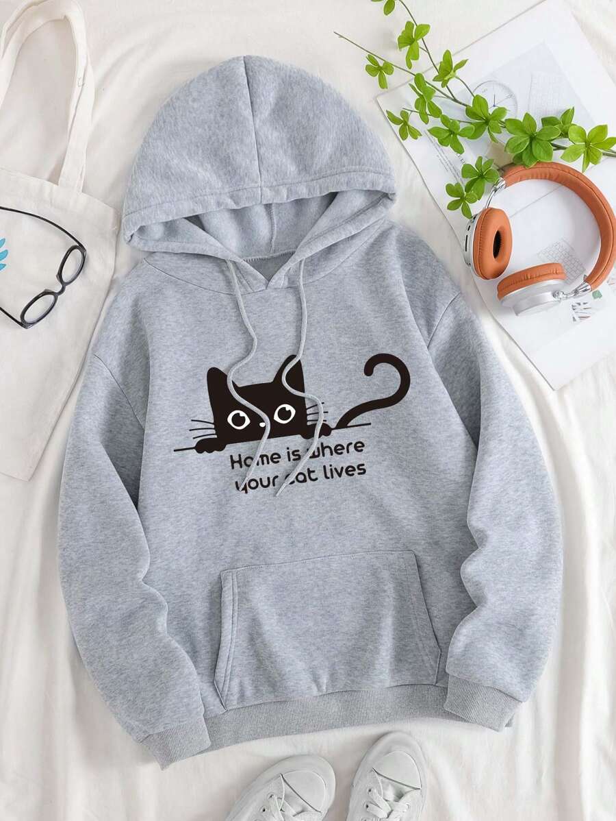 SHEIN EZwear Cat & Slogan Graphic Kangaroo Pocket Drawstring Thermal Lined Hoodie