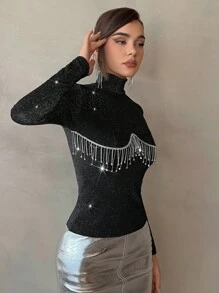 SHEIN Privé 水鑽流蘇邊小高領金屬亮絲T恤 - 黑色 - 查看 5