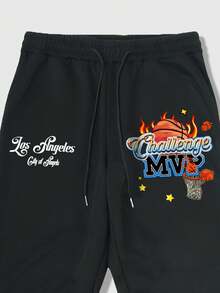 ROMWE MEN Prep 男士字母印花束口褲 - 黑色 - 查看 5