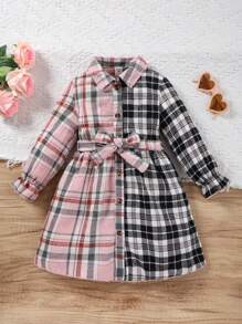 SHEIN 女小童格紋印花腰帶襯衫洋裝
