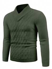 Manfinity Homme 男士素色V領加絨內裏套頭毛衣 - 軍綠色 - 查看 4