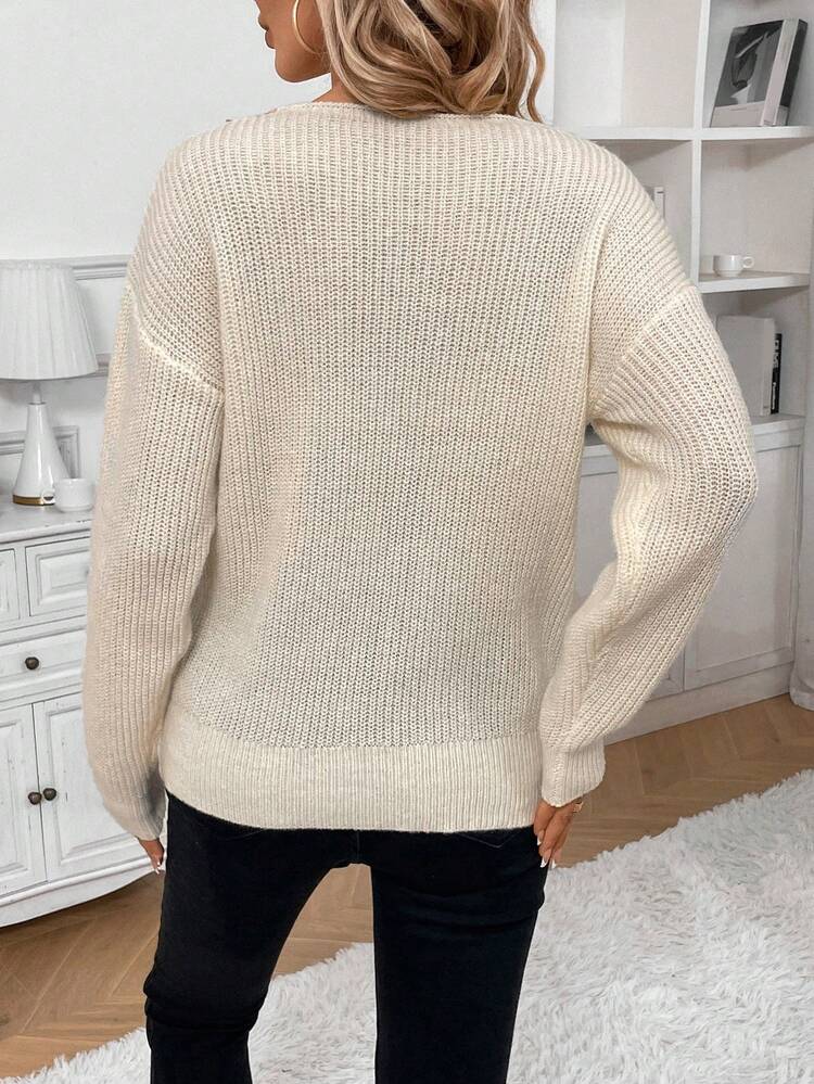 Guipure Lace Panel Drop Shoulder Twist Hem Sweater Winter Casual