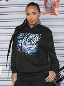 SHEIN SXY Car & Letter Graphic Drop Shoulder Drawstring Hoodie - Black - View 5