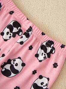 Cô Gái Trẻ Gấu trúc In biểu thức Tay áo dài Dài Quần Vừa Khít Bộ mặc nhà - Hồng - Xem 3