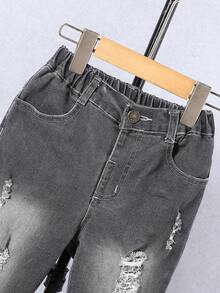 Young Boy Ripped Frayed Bleach Wash Jeans - Dark Grey - View 7