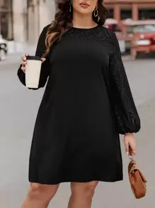 SHEIN LUNE Plus Contrast Mesh Lantern Sleeve Dress - Black - View 6