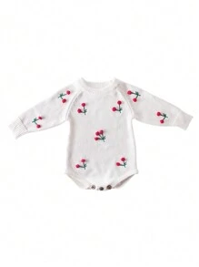 Bebé niña Body con patrón de cereza de manga raglán tejido - Blanco - Ver 1