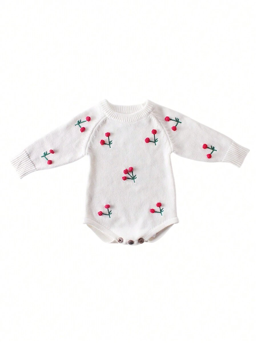 Bebé niña Body con patrón de cereza de manga raglán tejido - Blanco - Ver 1