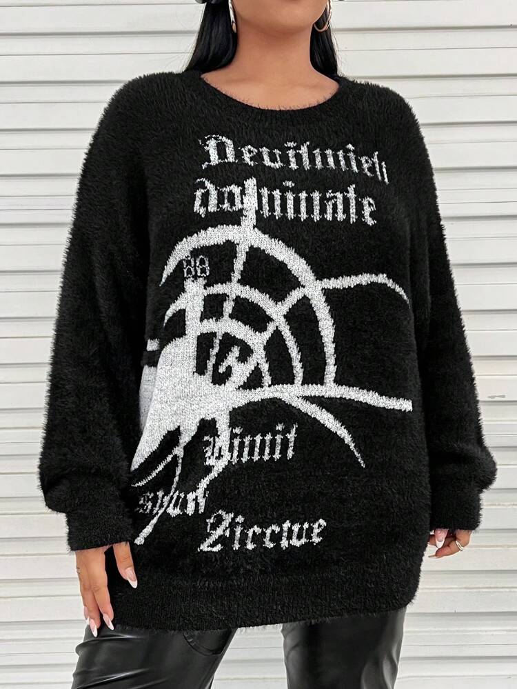 Plus Spider Web & Letter Pattern Drop Shoulder Fuzzy Sweater