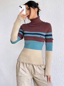 SHEIN EZwear Mẫu sọc Áo cao cổ Đau khổ Cắt tỉa Áo len - Cà phê nâu - Xem 3