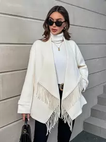 SHEIN Privé Waterfall Collar Fringe Trim Open Front Overcoat - Apricot - View 3