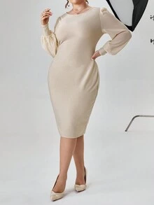 SHEIN Privé Plus 純色燈籠袖修身連身裙 - 卡其色 - 查看 5