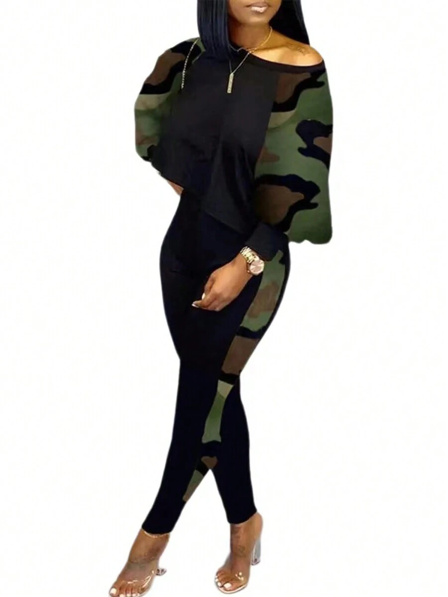 Camo Print Asymmetrical Neck Tee & Leggings Set - Black - View 1