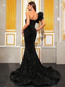 YISIKADO One Shoulder Ruffle Trim Sequin Prom Dress - Black - View 2