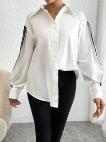 SHEIN Privé Striped Print Drop Shoulder Shirt - Black and White - View 6