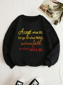 SHEIN EZwear 標語圖形保暖衬里運動衫 - 黑色 - 查看 1