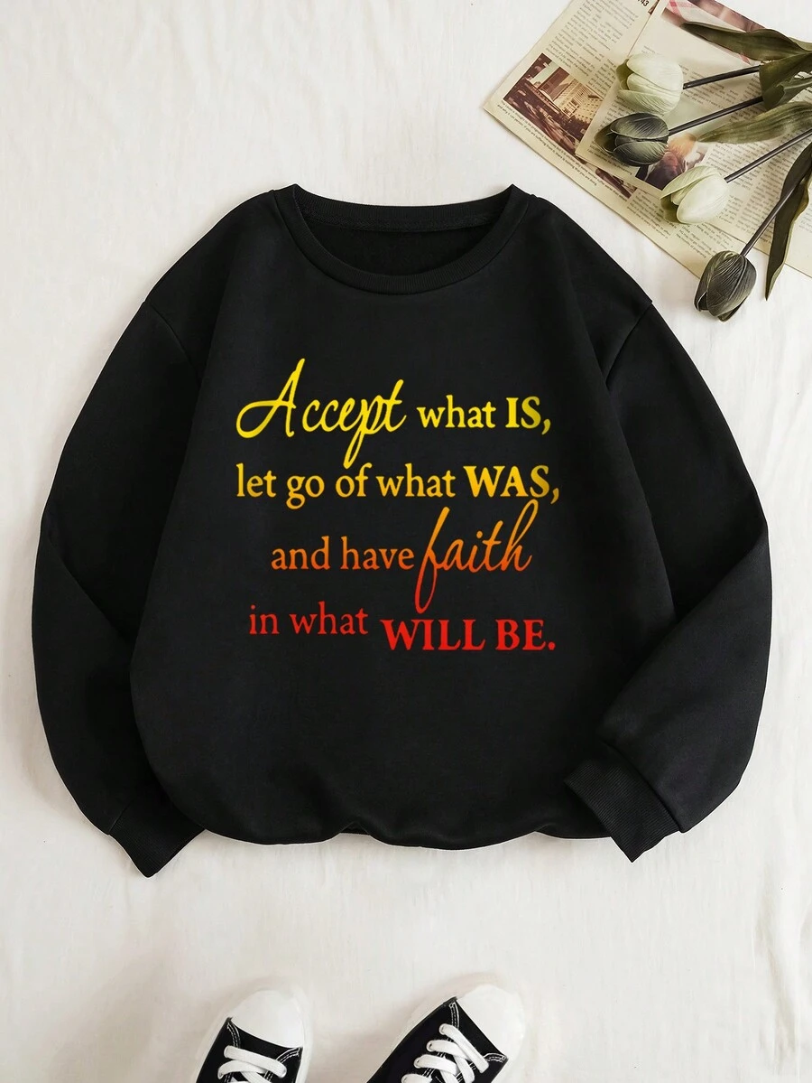 SHEIN EZwear 標語圖形保暖衬里運動衫 - 黑色 - 查看 1