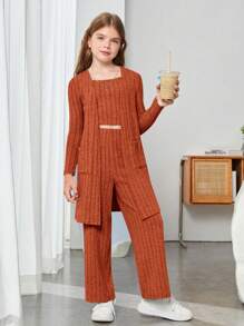 SHEIN Cô gái Tween 1 Miếng Túi Kép Mở Mặt trước áo & 1 Miếng Cami ngọn & 1 Miếng Quần - Rỉ Nâu - Xem 4