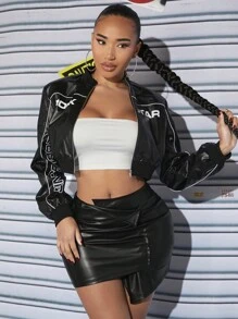 SHEIN SXY 腰部折疊不對稱下擺PU皮革包臀半身裙 - 黑色 - 查看 3