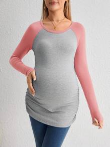 SHEIN Maternity Two Tone Raglan Sleeve Ruched Side Tee - Redwood - View 1