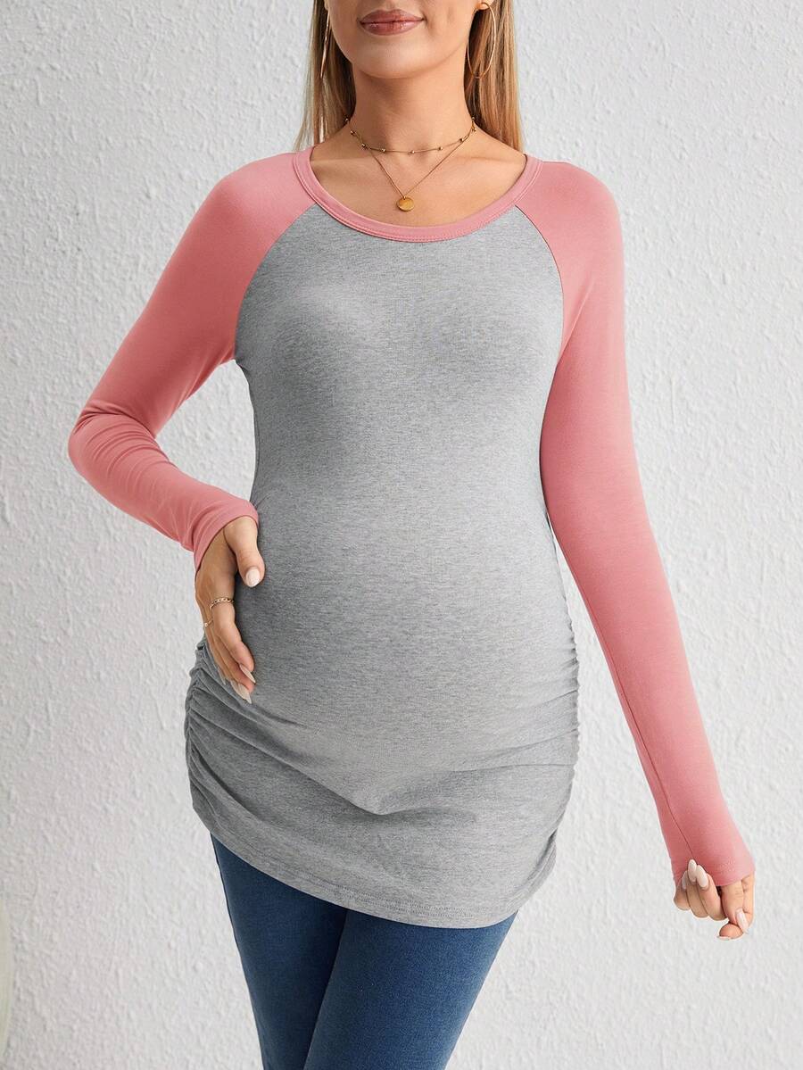 SHEIN Maternity Two Tone Raglan Sleeve Ruched Side Tee - Redwood - View 1