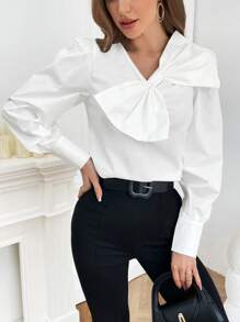 SHEIN Privé Mặt trước Nơ Lớn Ống tay áo Áo sơ mi - trắng - Xem 4