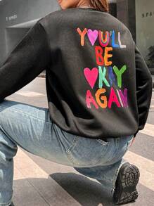 Flirla Plus Heart & Slogan Graphic Drop Shoulder Sweatshirt Pullover Fall Sweatshirt - Black - View 3