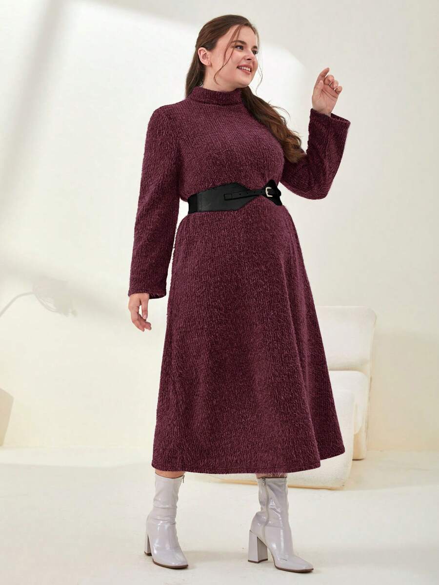 Mulvari Talla grande Vestido de cuello cisne de peluche sin cinturón - Morado - Ver 1