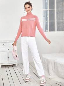 SHEIN EZwear 條紋圖案插肩袖拉鏈開襟開襟衫 - 粉色 - 查看 6