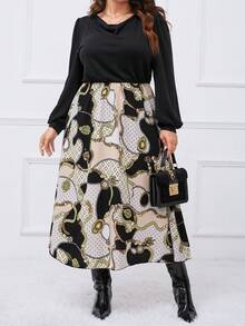 SHEIN Clasi 大碼錬條圖案垂領燈籠袖洋裝 - 彩色 - 查看 5
