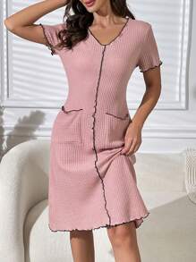 Contrast Piping Lettuce Trim Pocket Patched Waffle Knit Lounge Dress - Dusty Pink - View 3
