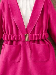 SHEIN Young Girl 1pc Shawl Collar Dual Pocket Belted Overcoat - Hot Pink - View 4