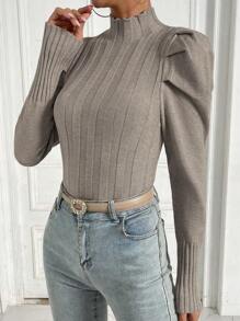 Chiquease 高领羊腿袖罗纹针织套头衫秋冬毛衣 - 摩卡棕 - 查看 7