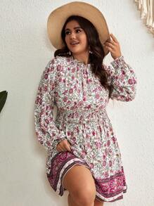 SHEIN VCAY 大碼印花燈籠袖洋裝 - 彩色 - 查看 1