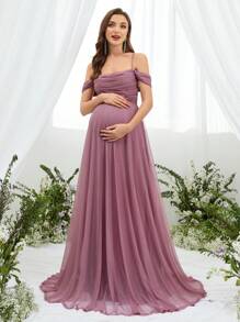 Faeriesty Dressalisa Sophisticated Off-Shoulder Backless Babyshower Dresses With Adjustable Back Ties & Flowing A-Line Silhouette – Perfect For Baby Showers, Formal Events, Wedding Receptions, Gala Dinners, And Maternity Photoshoots