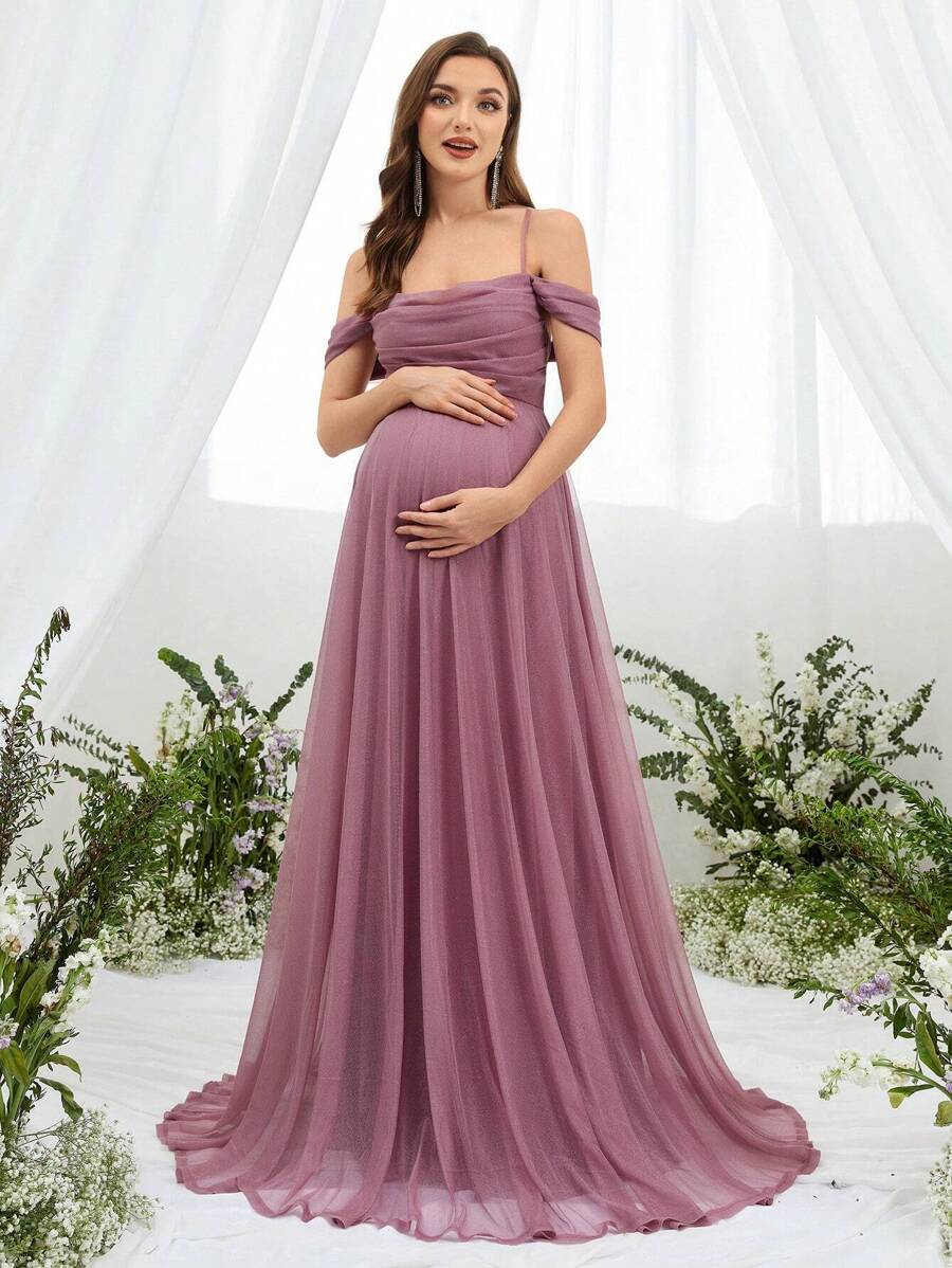 Faeriesty Dressalisa Sophisticated Off-Shoulder Backless Babyshower Dresses With Adjustable Back Ties & Flowing A-Line Silhouette – Perfect For Baby Showers, Formal Events, Wedding Receptions, Gala Dinners, And Maternity Photoshoots