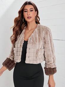 SHEINNeu Snap Button Front Fuzzy Coat - Khaki - View 1