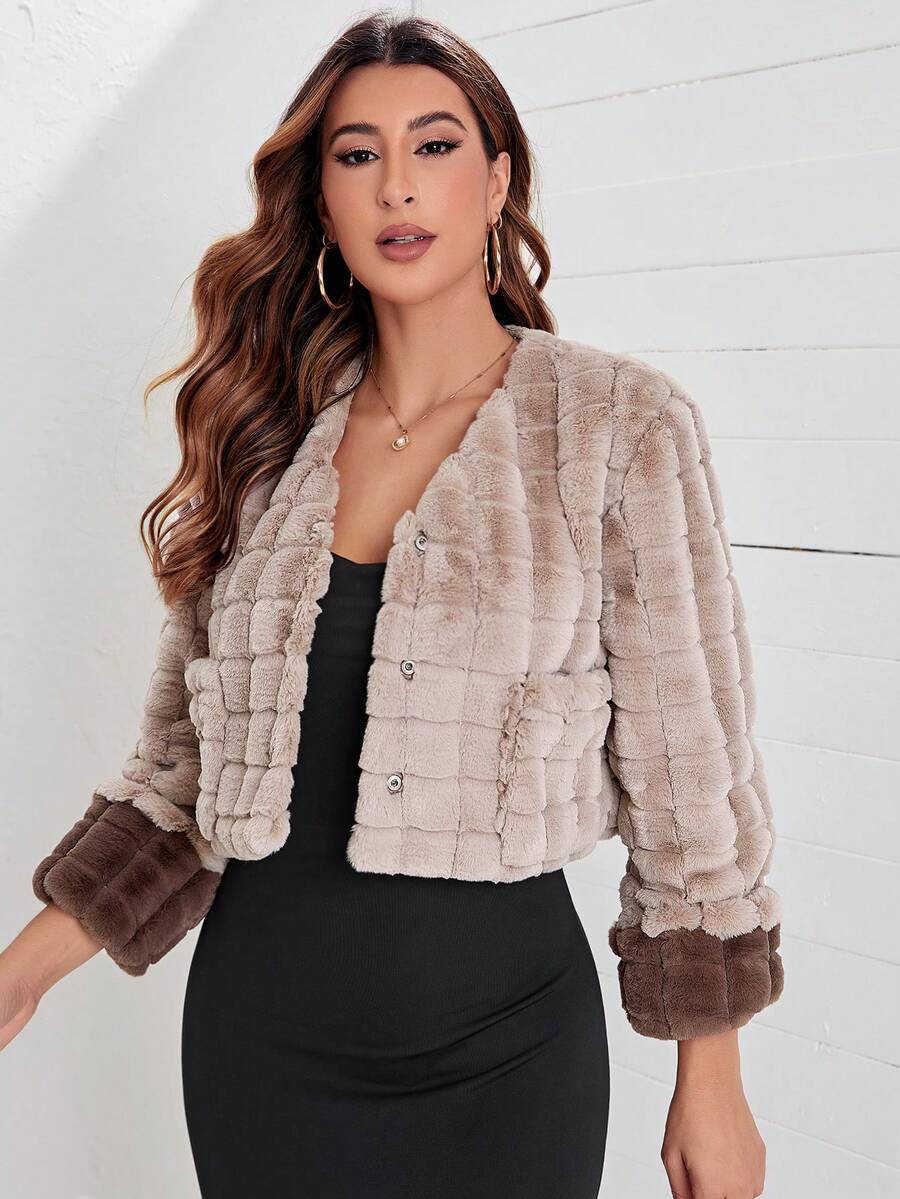 SHEINNeu Snap Button Front Fuzzy Coat - Khaki - View 1