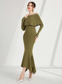 Modelyn Off Shoulder Asymmetrical Mermaid Hem Sweater Dress - Army Green - View 4