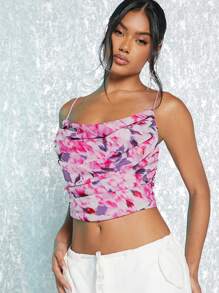 SHEIN BAE 滿版印花褶邊吊帶上衣 - 彩色 - 查看 4