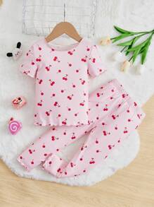 SHEIN Young Girl Knitted Cherry Pattern Top And Pants PJ Set - Pink - View 1