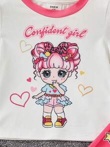 SHEIN Young Girl Cartoon Graphic Contrast Binding PJ Set - Pink - View 3