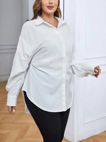 SHEIN Privé Plus Drop Shoulder Ruched Side Shirt - White - View 1