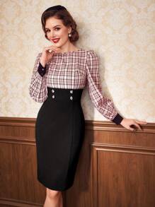 SHEIN DECDS Plaid Print Button Detail Lantern Sleeve 2 In 1 Dress - Multicolor - View 1
