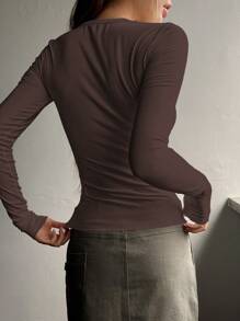DAZY Nút Nửa Đồ đan Ribbed Áo thun - Cà phê nâu - Xem 2