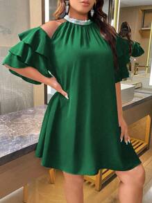 Celure Talla grande Vestido ribete con fruncido de hombros descubiertos - Verde Oscuro - Ver 5