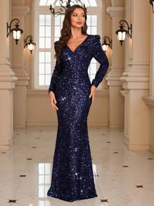 UNITHORSE Puff Sleeve Mermaid Hem Sequin Formal Dress Elegant Long Sleeve Prom Evening Wedding Guest Gown, For Graduation, Dinner - 藏蓝色 - 查看 7