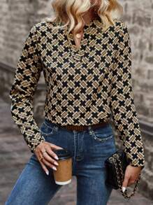 SHEIN Clasi 滿版印花缺口領襯衫 - 黑色 - 查看 1